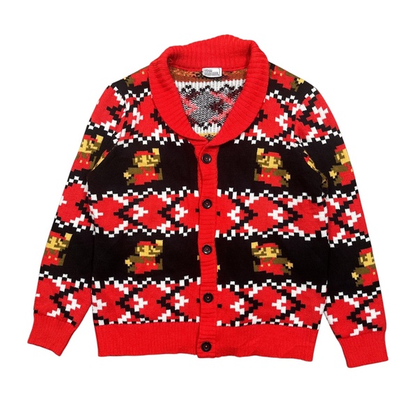 Super Mario Bros Nintendo Knit Pixel Christmas Cardigan Sweater Mens Large - Picture 1 of 9